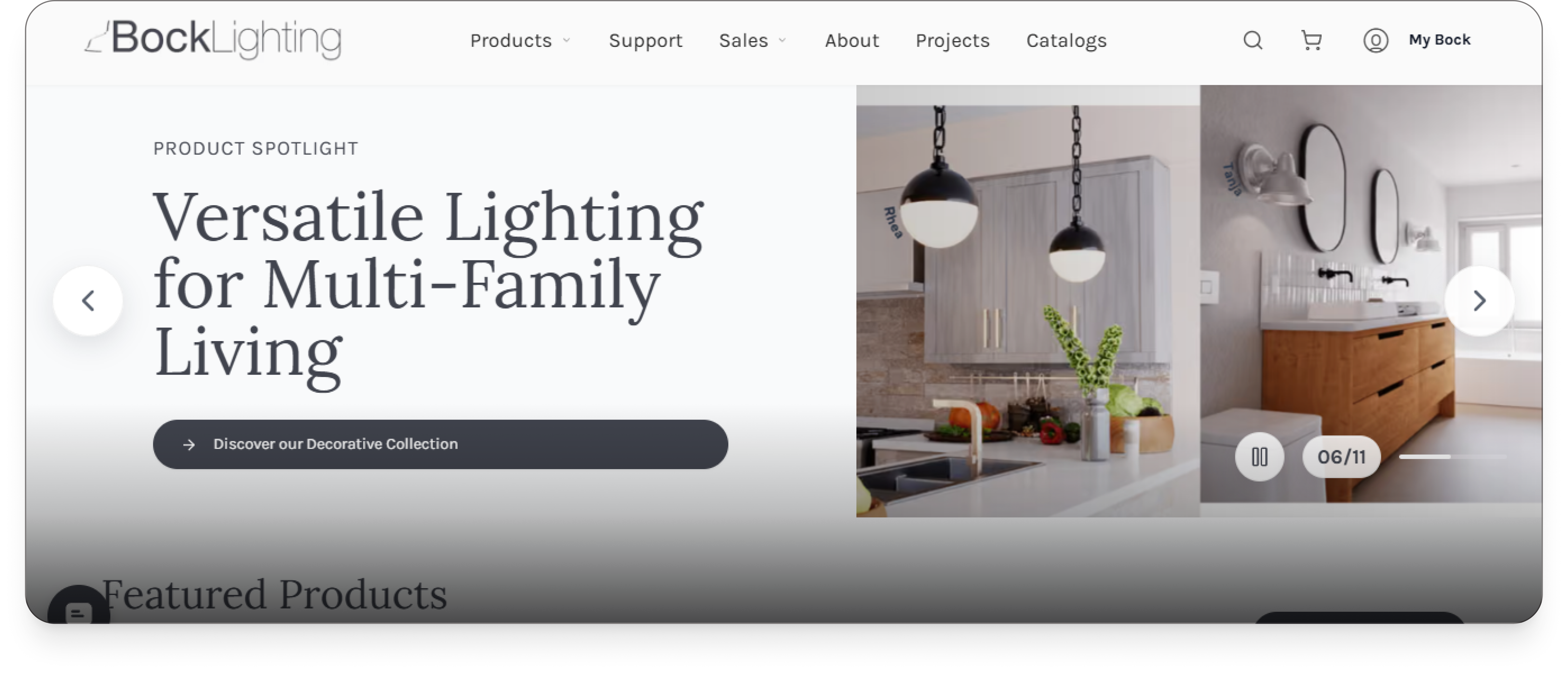 A screenshot of the Bock Lighting website.